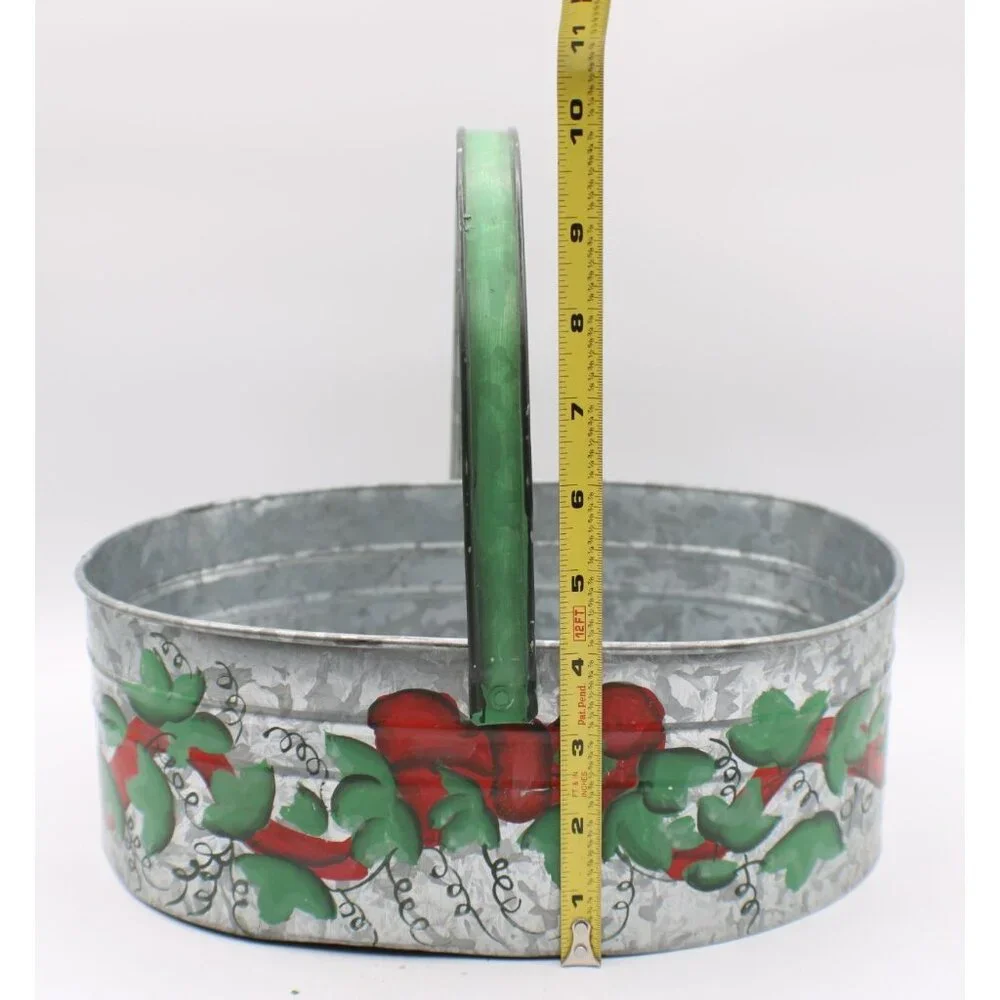 Hand-Painted Galvanized Tin Basket Handle Red Green Floral Design Decor Vintage